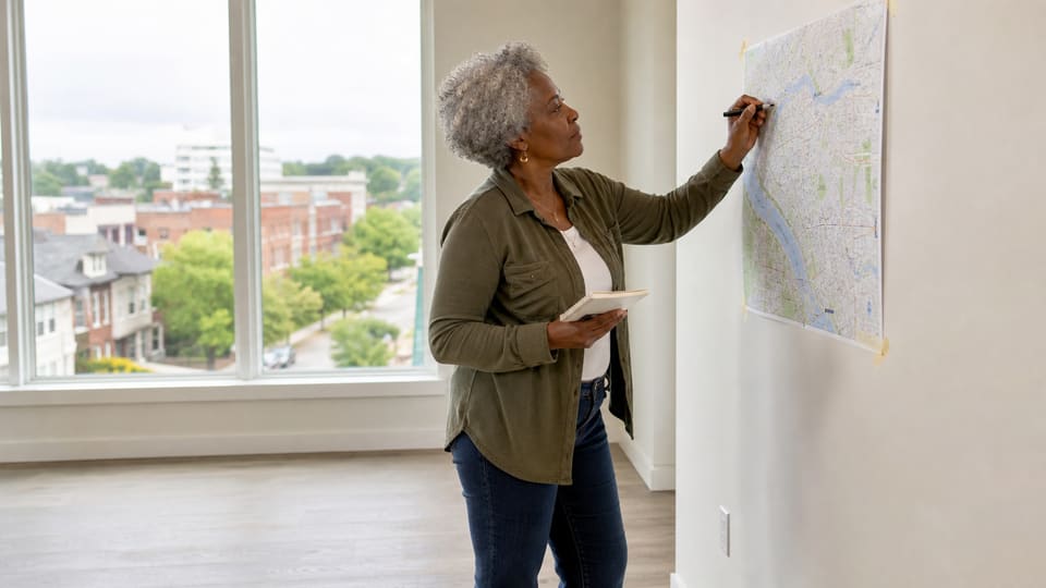 An older Black woman compares neighborhoods on a wall map in a bright apartment.