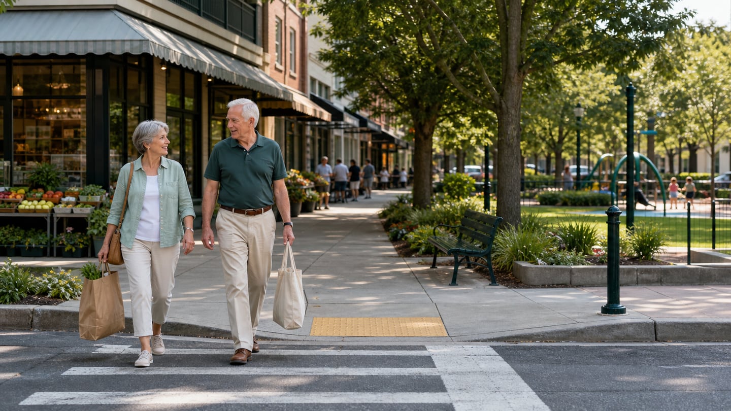 Two older adults crossing an accessible, shaded neighborhood near shops and a park.